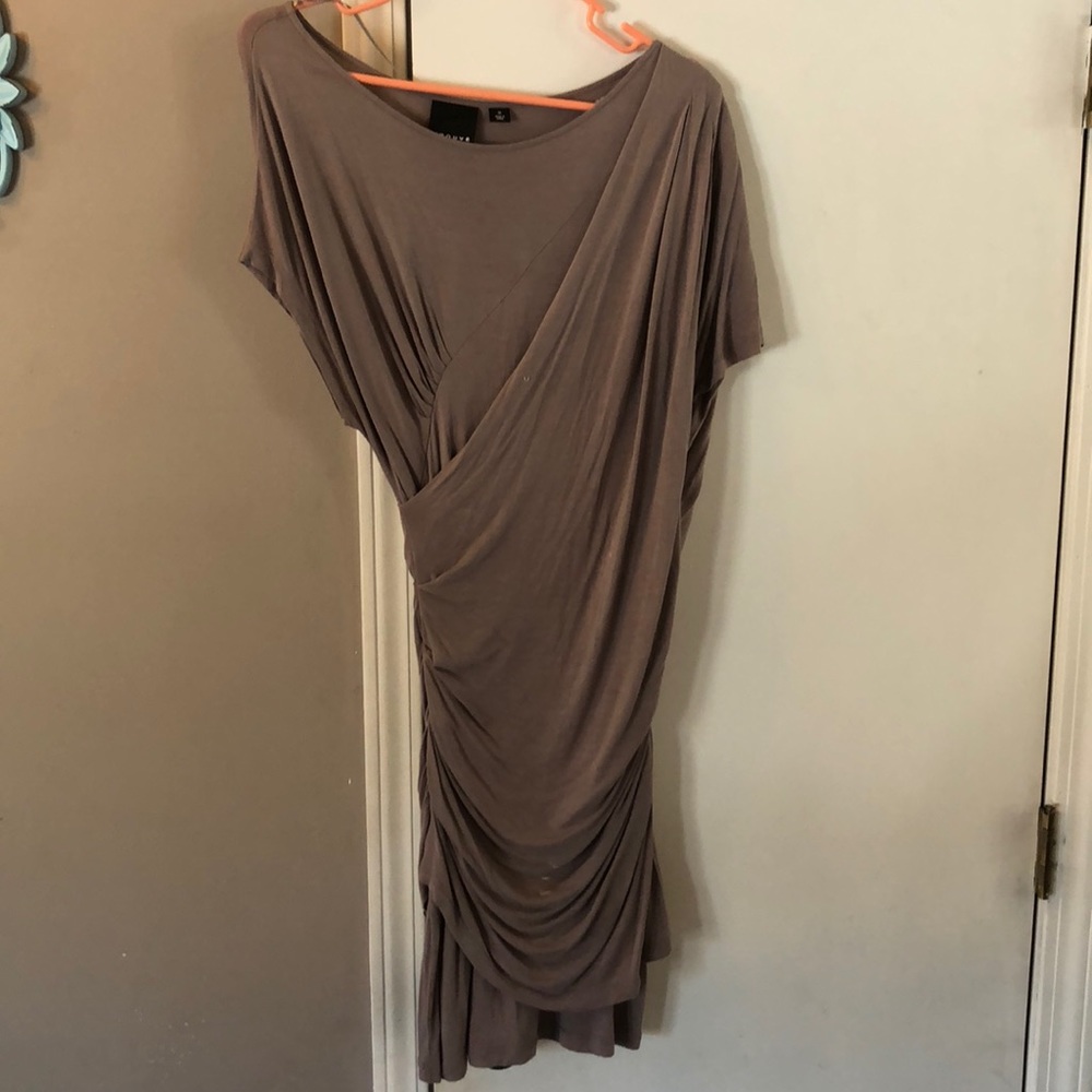 Taupe form fitting wrap dress